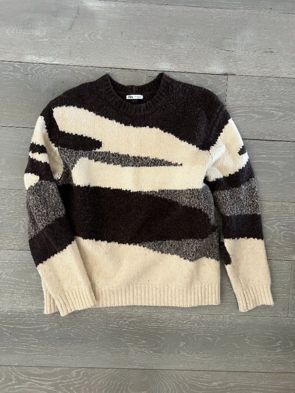 Zara Abstract Stripe Fuzzy Knit Sweater — Cream with Charcoal and Gray, Medium